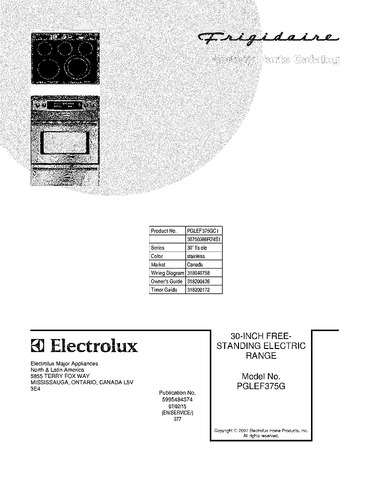 COVER Diagram and Parts List for PGLEF375GC1  Frigidaire Wall Oven