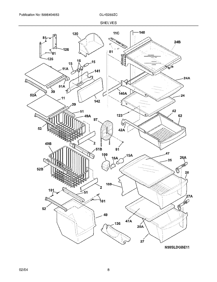 SHELVES Diagram and Parts List for GLHS269ZCW4  Frigidaire Refrigerator