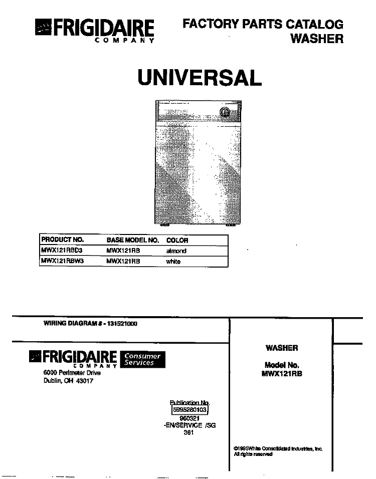 COVER Diagram and Parts List for MWX121RBD3  Frigidaire Washer