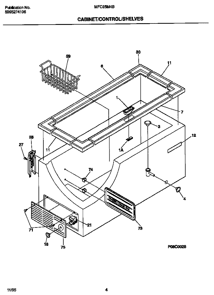CABINET / CONTROL / SHELVES Diagram and Parts List for MFC25M4BW4  Frigidaire Freezer