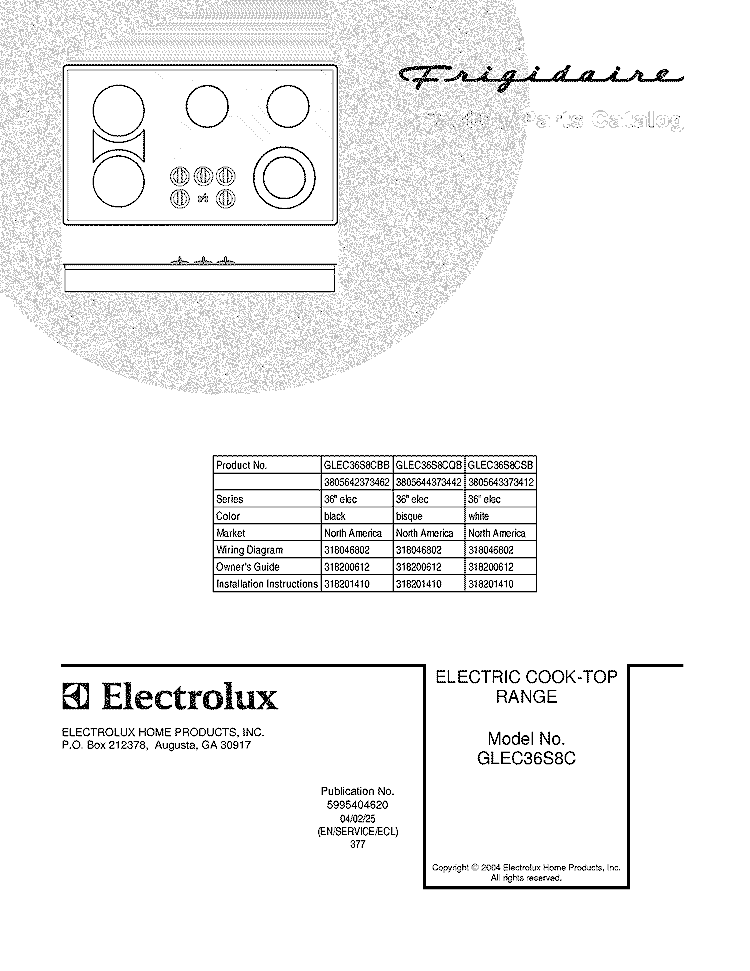 COVER Diagram and Parts List for GLEC36S8CBB  Frigidaire Cooktop