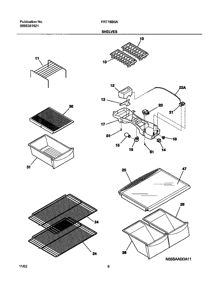 SHELVES Diagram and Parts List for FRT18B5AT6  Frigidaire Refrigerator