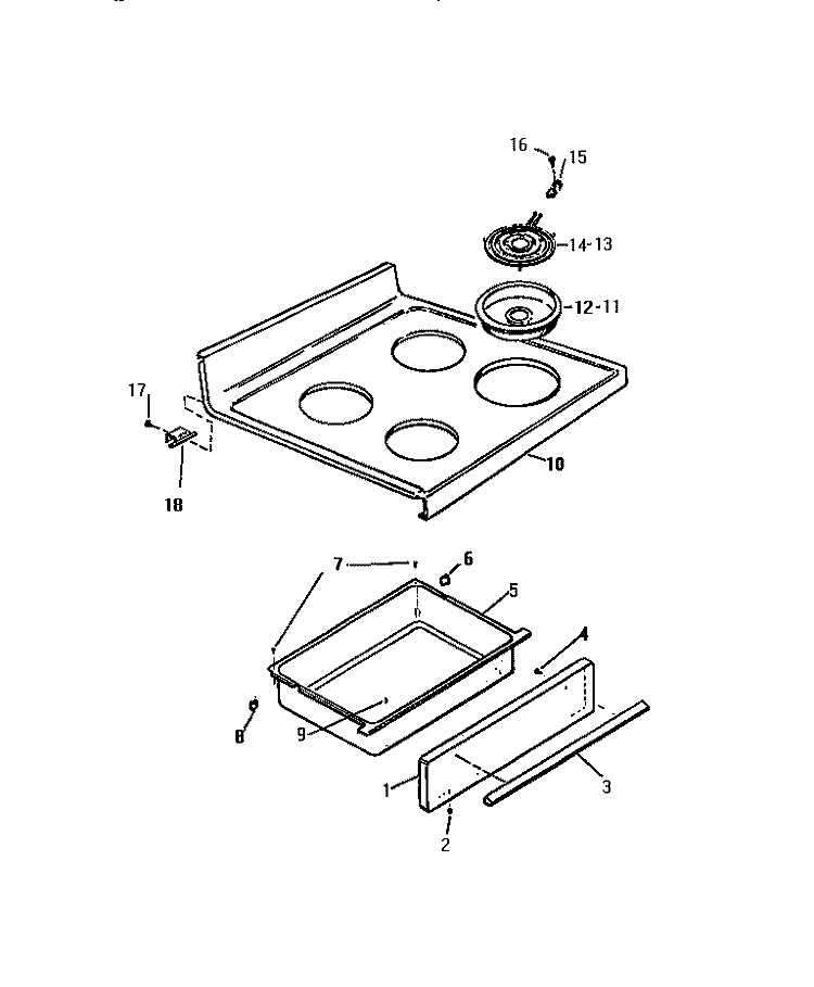 TOP, DRAWER Diagram and Parts List for KF350GDF1  Frigidaire Range