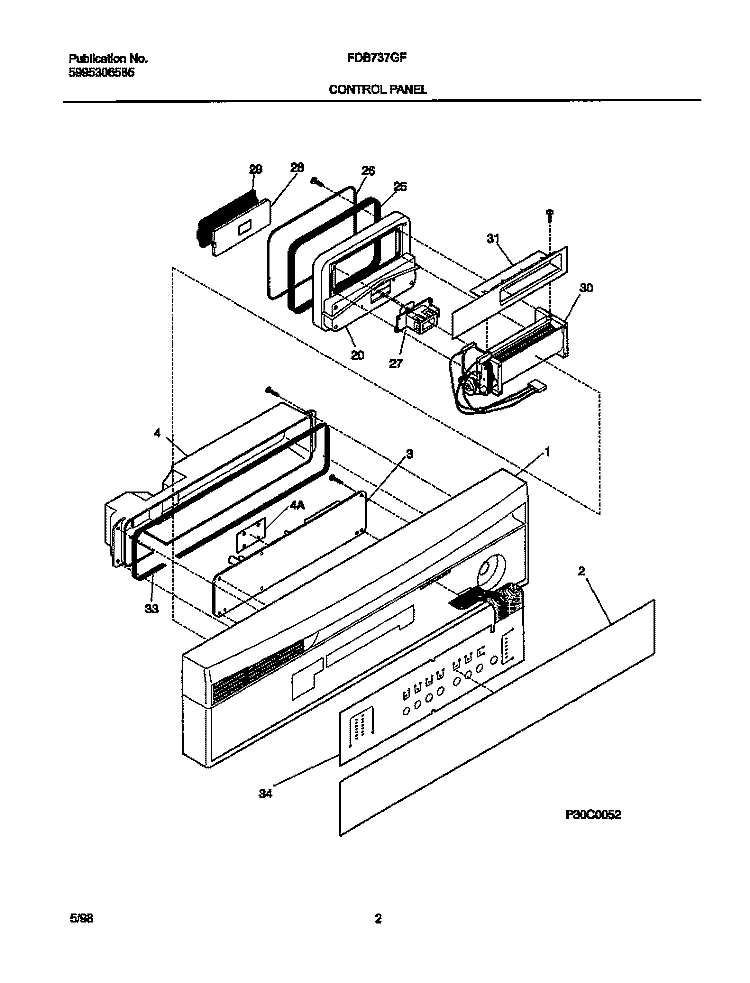 CONTROL PANEL Diagram and Parts List for FDB737GFS2  Frigidaire Dishwasher