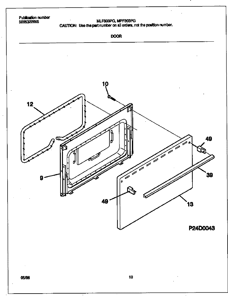 DOOR Diagram and Parts List for MPF303PGWD  Frigidaire Range