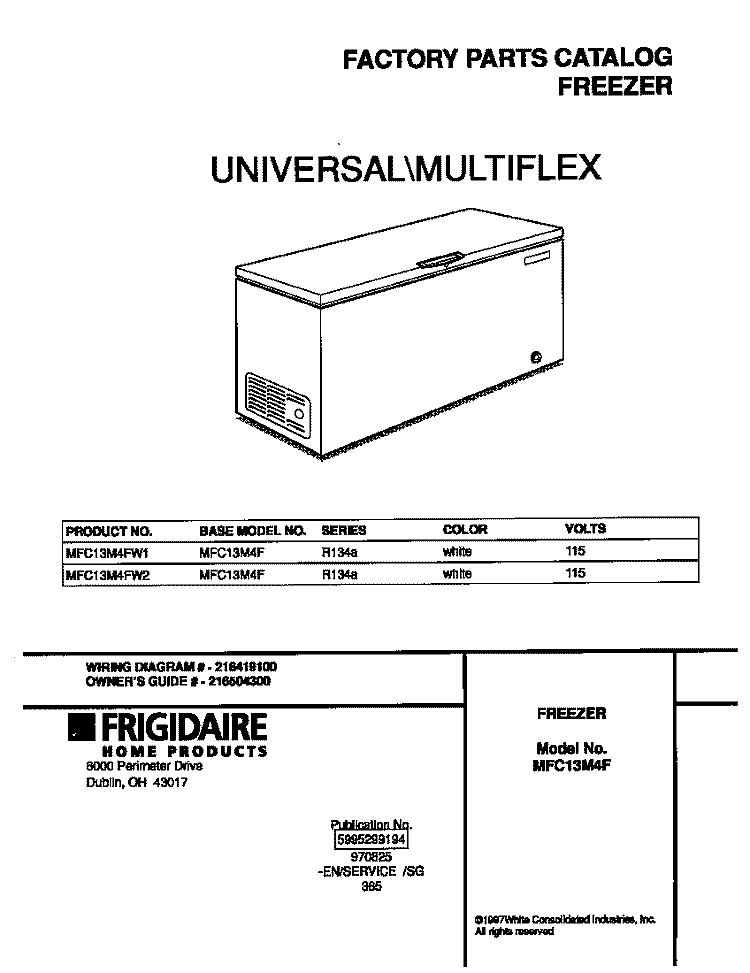 COVER Diagram and Parts List for MFC13M4FW2  Frigidaire Freezer