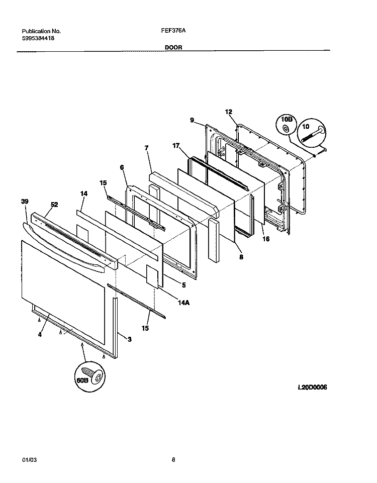 DOOR Diagram and Parts List for FEF376AQH  Frigidaire Range