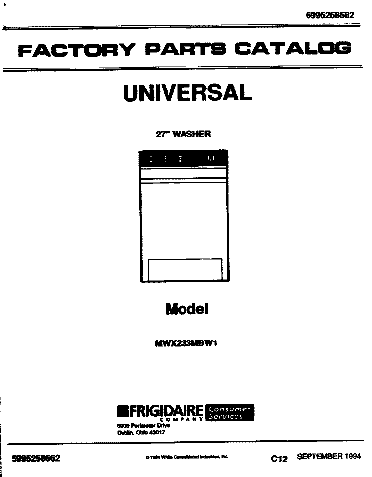 COVER Diagram and Parts List for MWX233RBW1  Frigidaire Washer