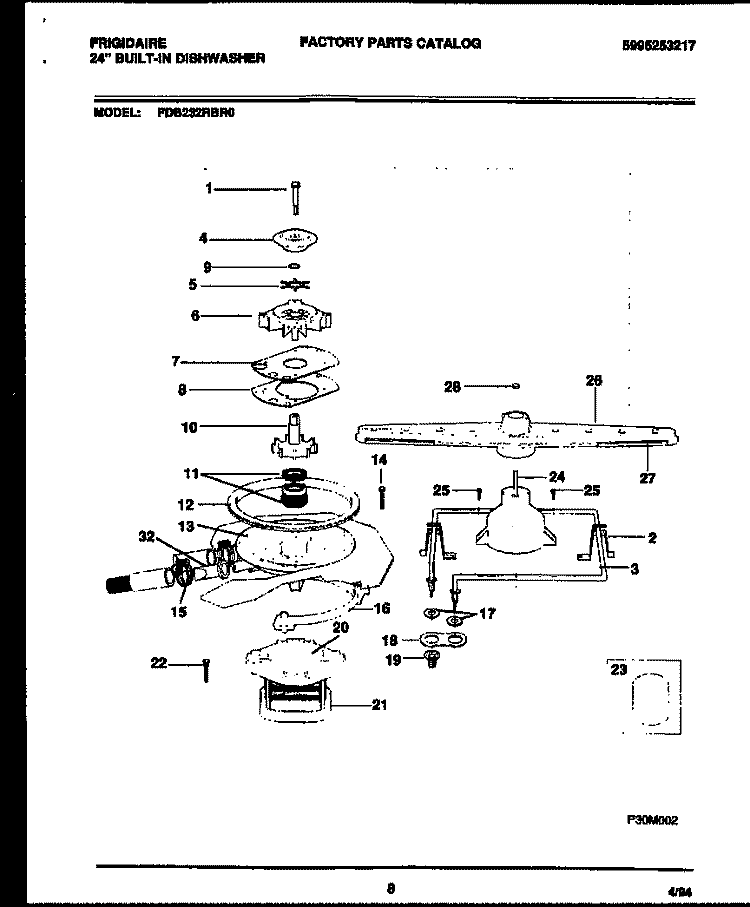 MOTOR PUMP PARTS Diagram and Parts List for FDB232RBR0  Frigidaire Dishwasher