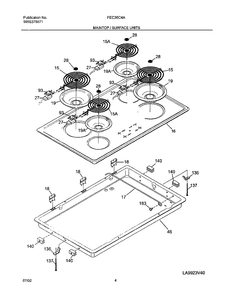 MAIN TOP Diagram and Parts List for FEC36C4ACC  Frigidaire Cooktop