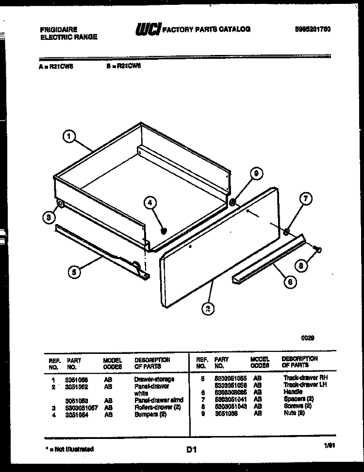 DRAWER PARTS Diagram and Parts List for R21CL5  Frigidaire Range