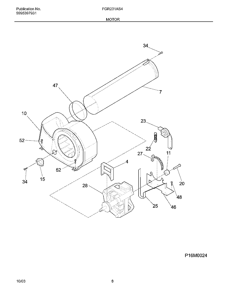 MOTOR Diagram and Parts List for FGR231AS4  Frigidaire Dryer