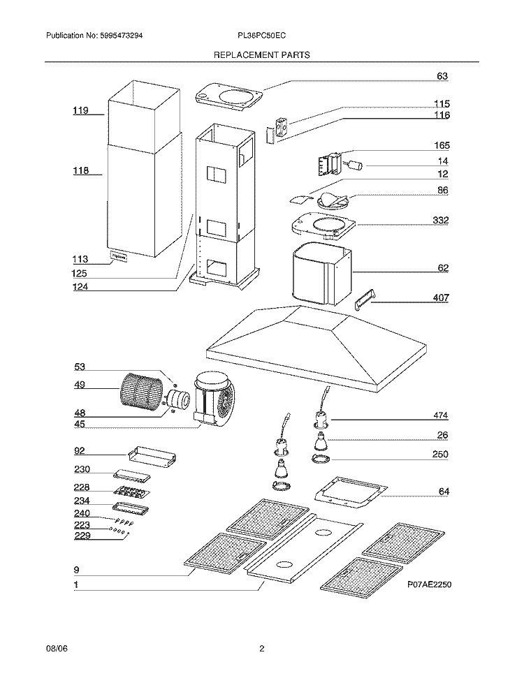 REPLACEMENT PARTS Diagram and Parts List for PL36PC50EC  Frigidaire Range Hood