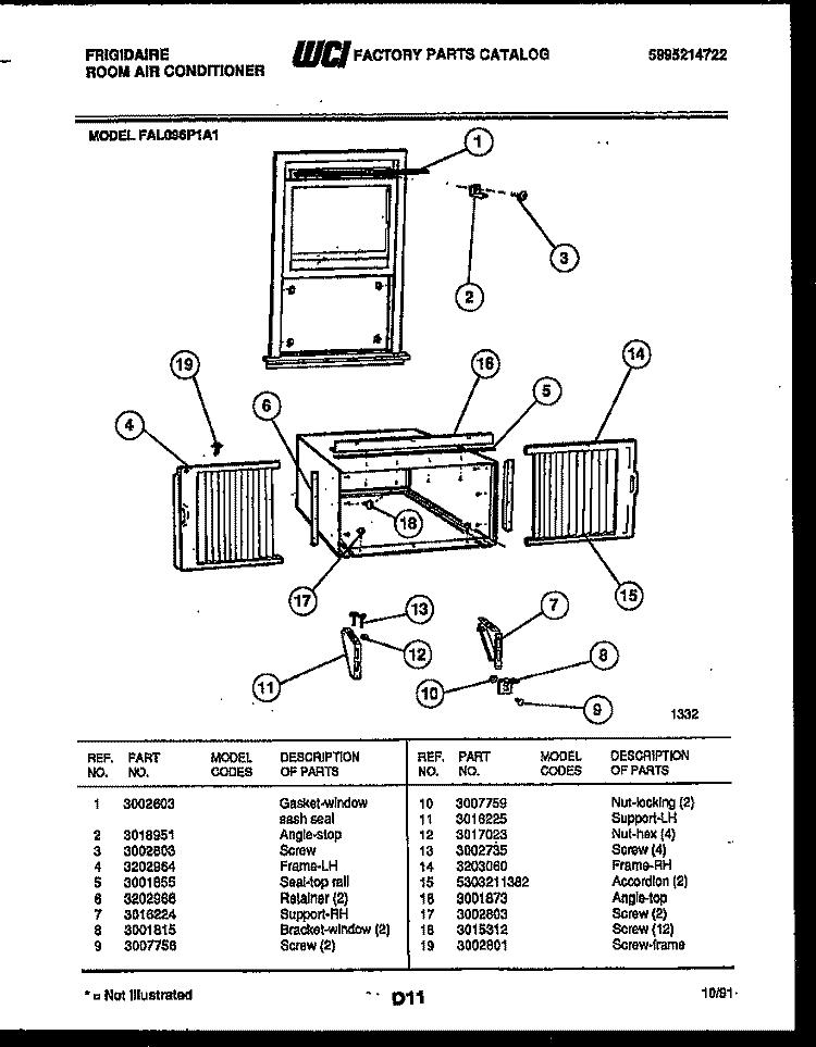WINDOW MOUNTING PARTS Diagram and Parts List for FAL096P1A1  Frigidaire Air Conditioner