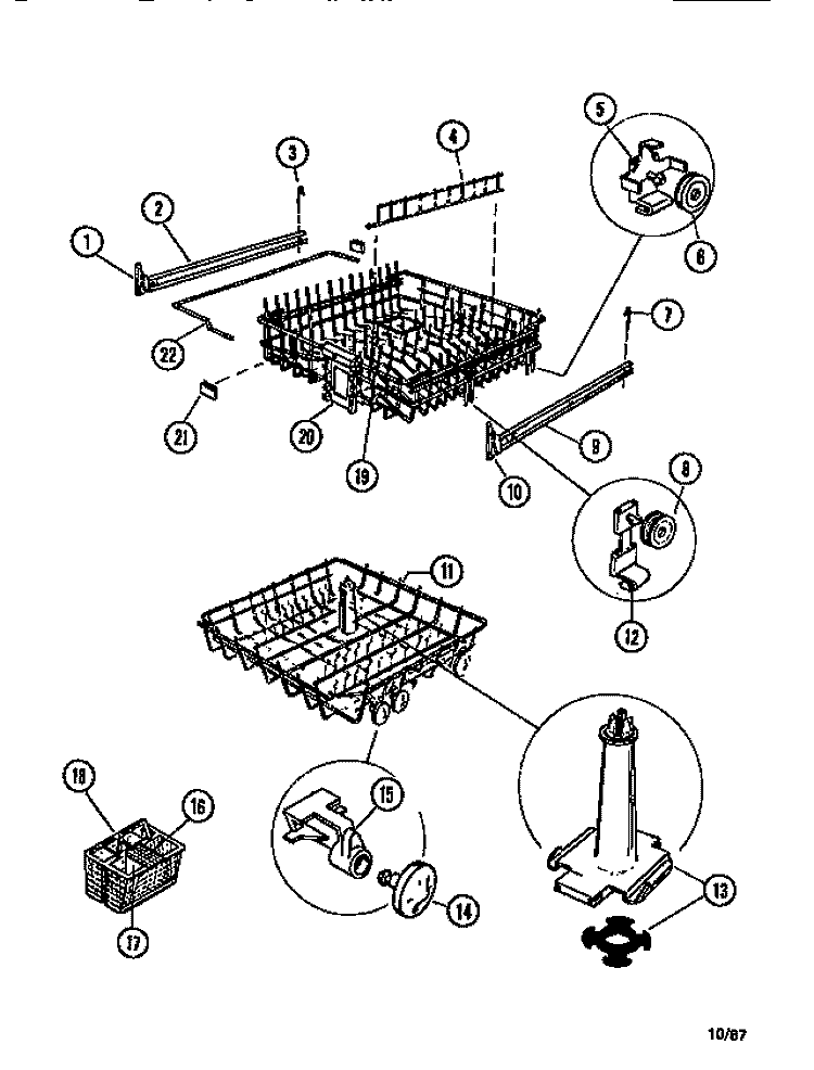 DISH RACKS, ROLLERS, SILVERWARE BAS Diagram and Parts List for DW4500FW1  Frigidaire Dishwasher