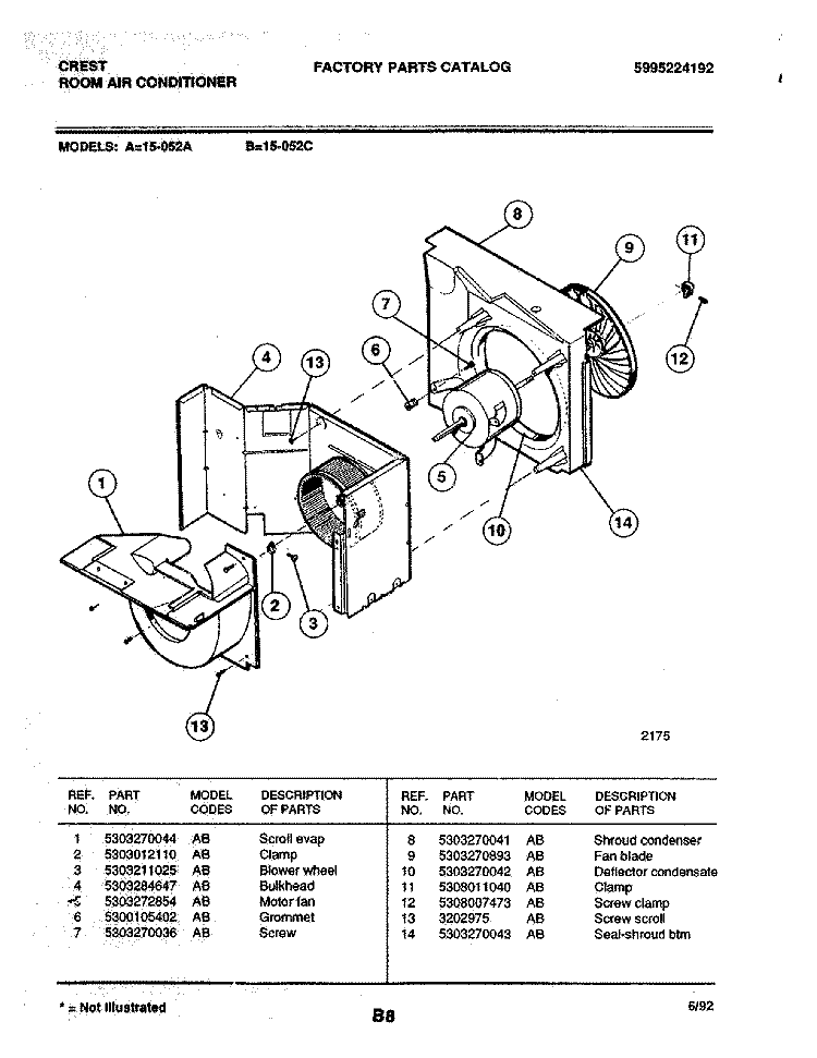 MOTOR / FAN Diagram and Parts List for 15-052A  Frigidaire Air Conditioner
