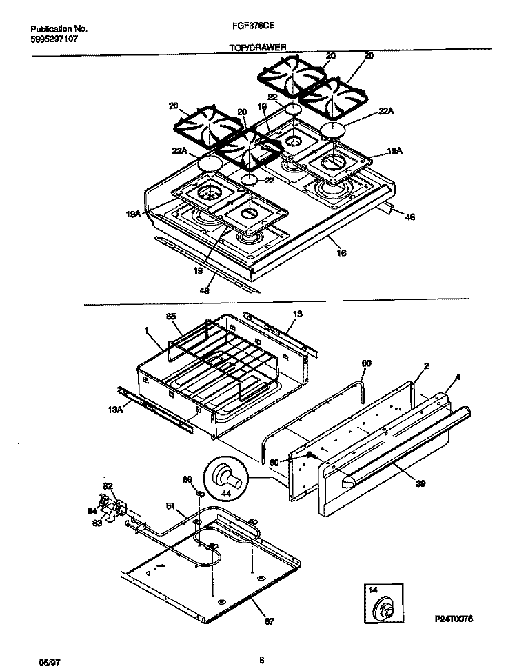 TOP / DRAWER Diagram and Parts List for FGF376CEBE  Frigidaire Range