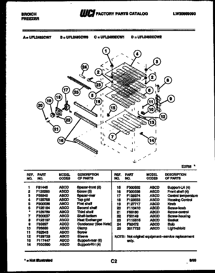 SHELVES AND SUPPORTS Diagram and Parts List for UFL2483CW7  Frigidaire Freezer