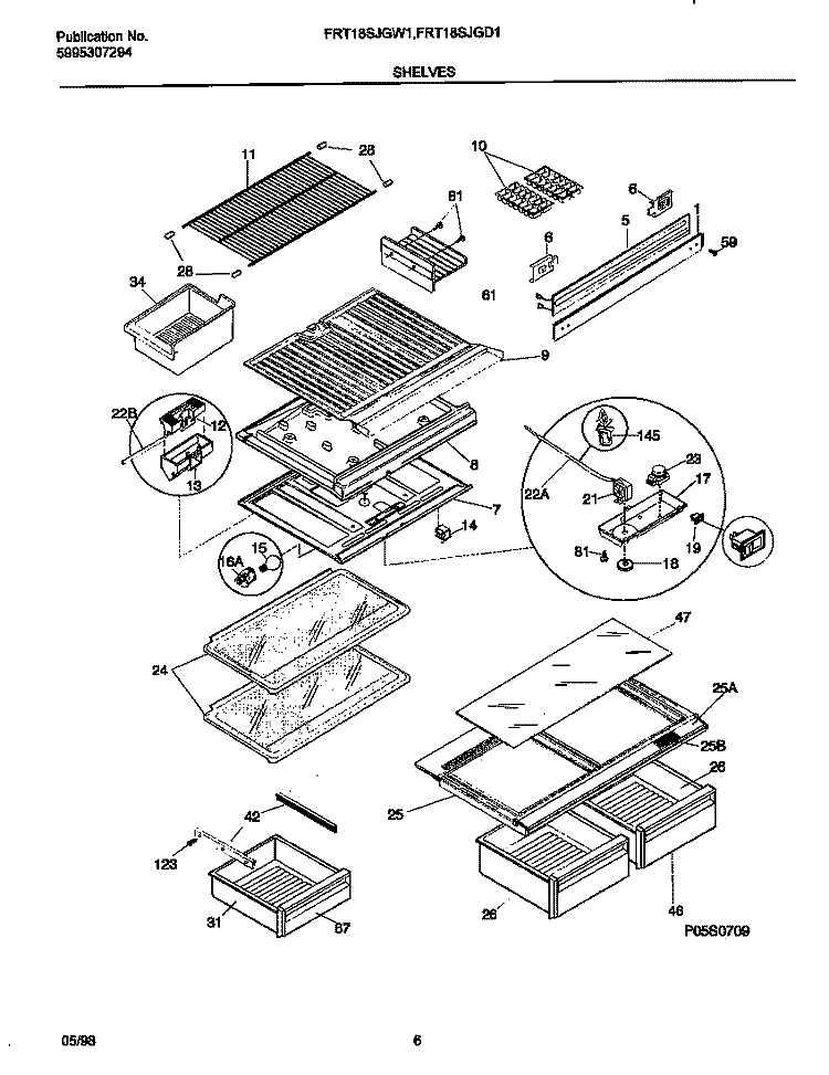 SHELVES Diagram and Parts List for FRT18SJGD1  Frigidaire Refrigerator