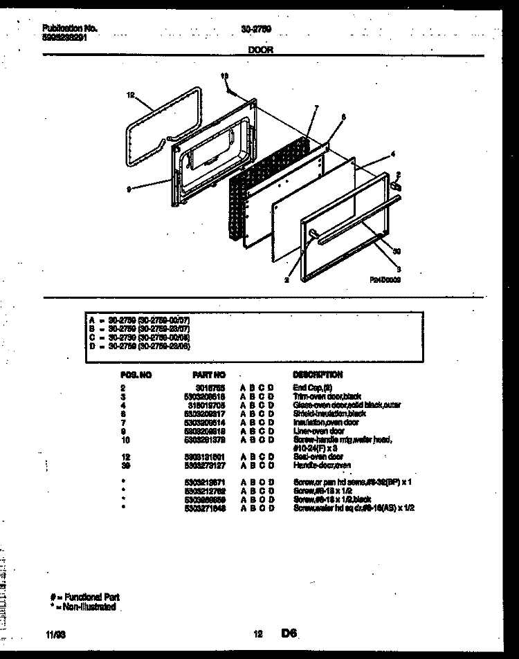 DOOR PARTS Diagram and Parts List for 30-2759-00-07  Tappan Range