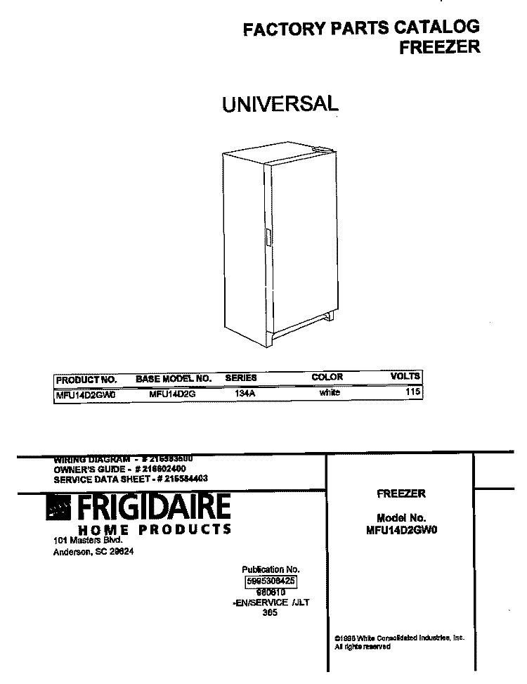 COVER Diagram and Parts List for MFU14D2GW0  Frigidaire Freezer
