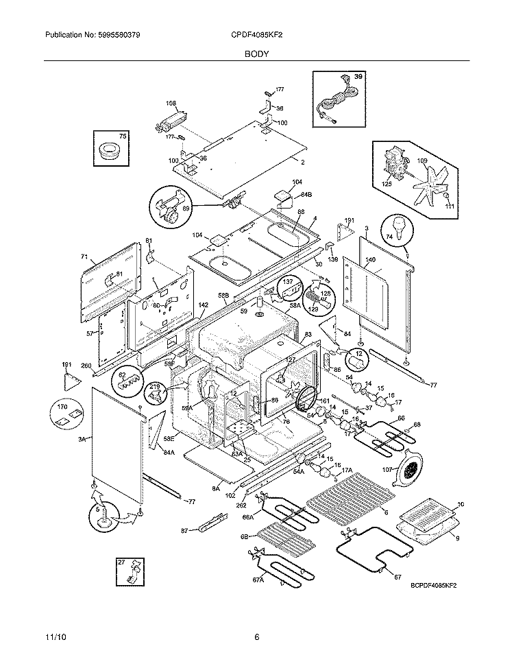 BODY Diagram and Parts List for CPDF4085KF2  Frigidaire Range