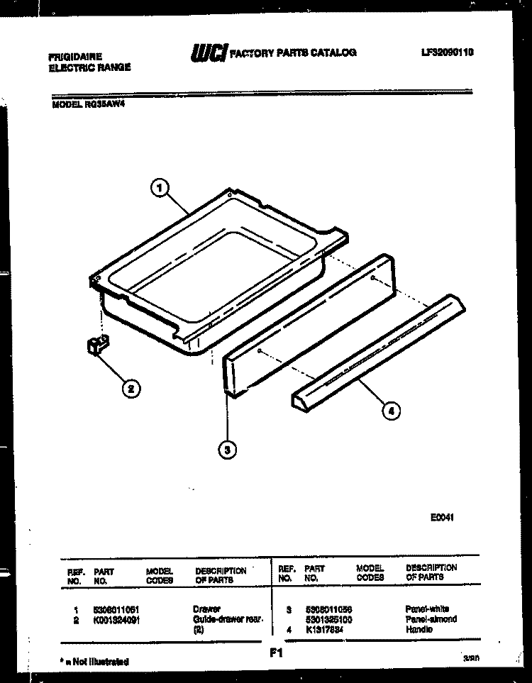DRAWER PARTS Diagram and Parts List for RG35AW4  Frigidaire Range