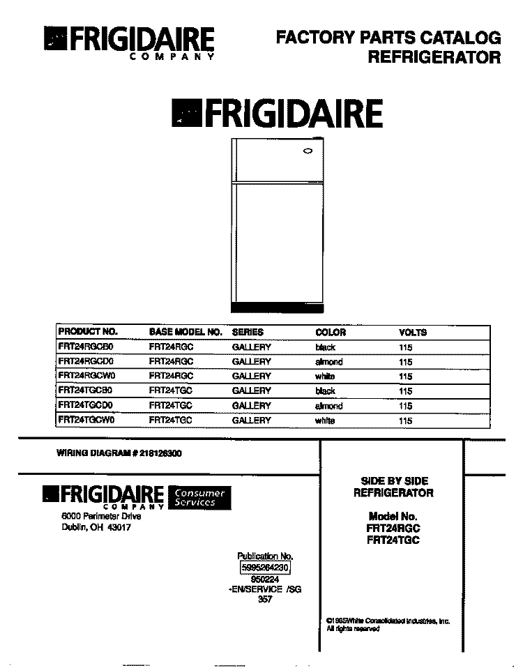 COVER Diagram and Parts List for FRT24RGCB0  Frigidaire Refrigerator