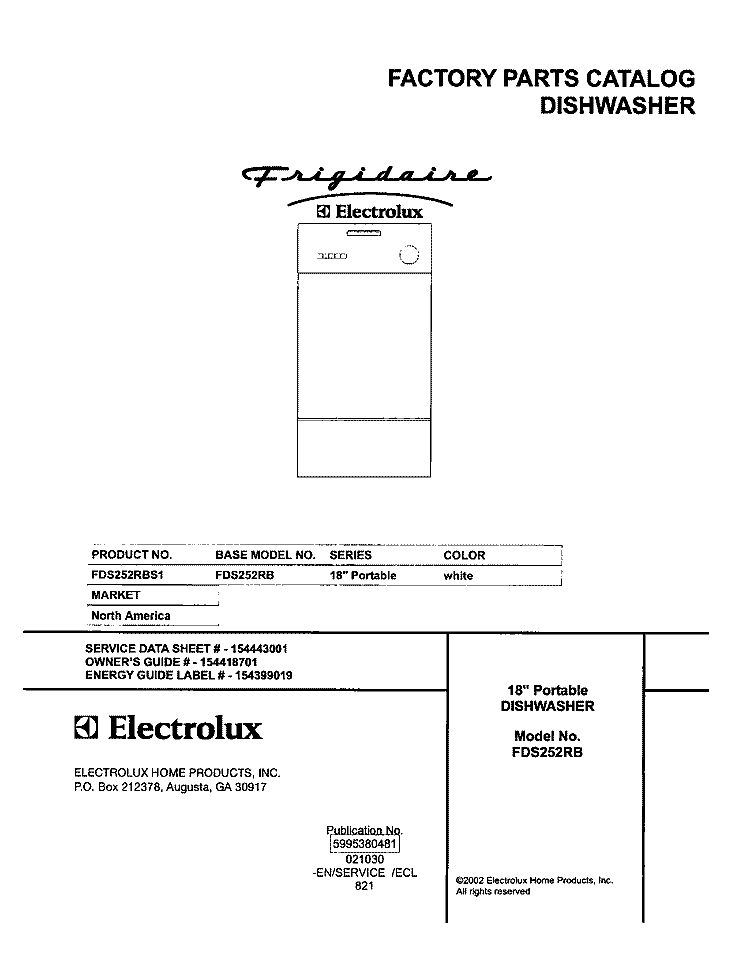 COVER Diagram and Parts List for FDS252RBS1  Frigidaire Dishwasher