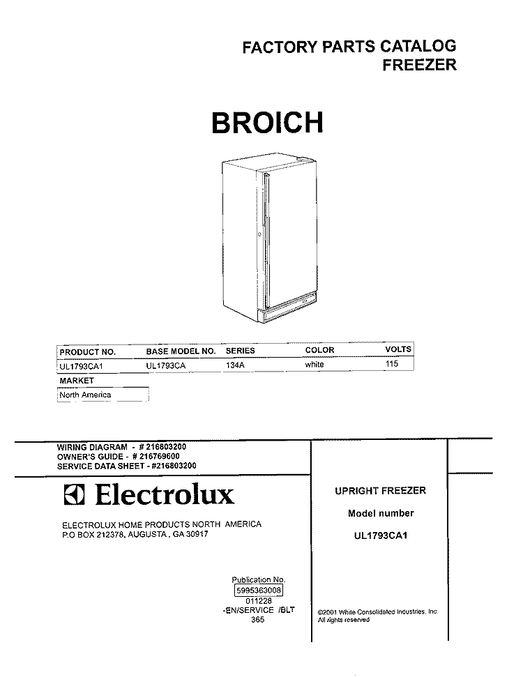 COVER Diagram and Parts List for UL1793CA1  Electrolux Freezer
