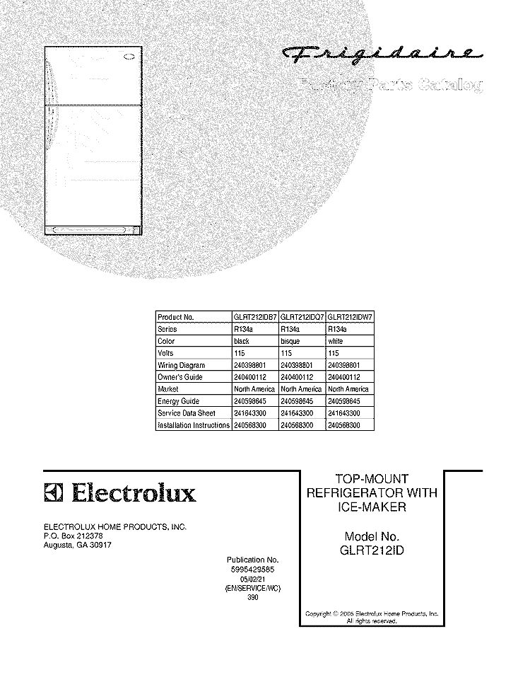 COVER Diagram and Parts List for GLRT212IDB7  Frigidaire Refrigerator