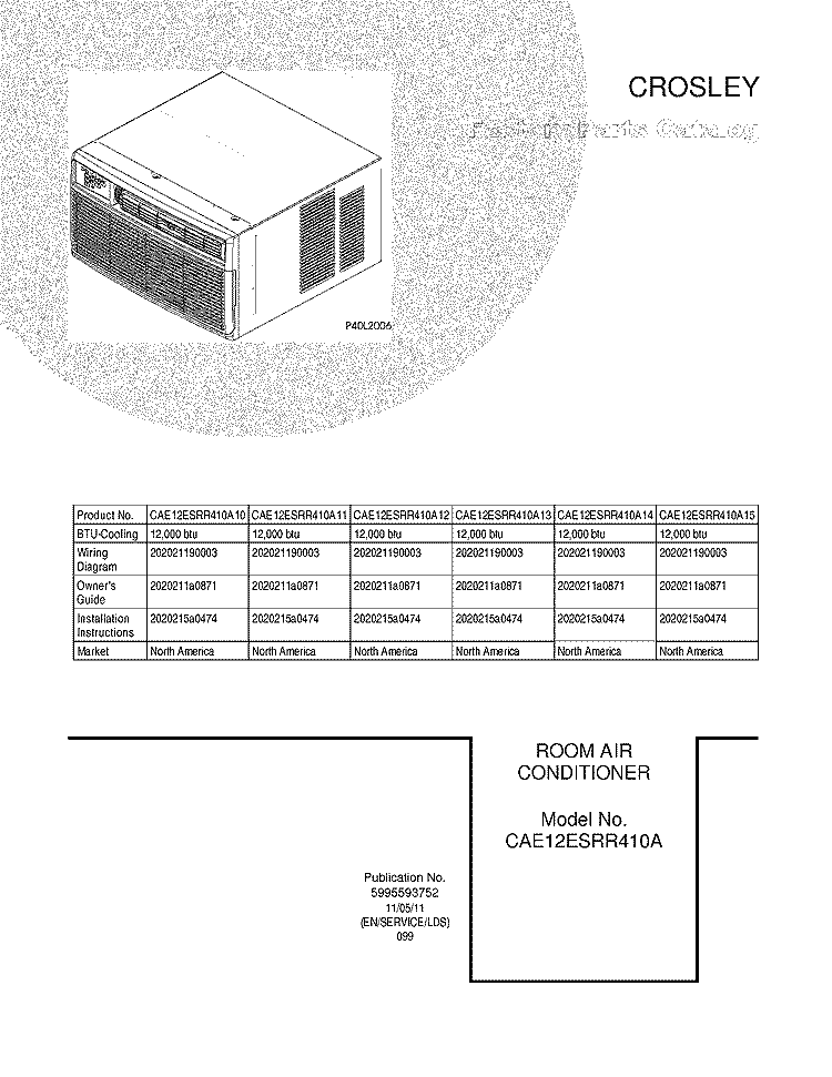 COVER Diagram and Parts List for CAE12ESRR410A12  Crosley Air Conditioner