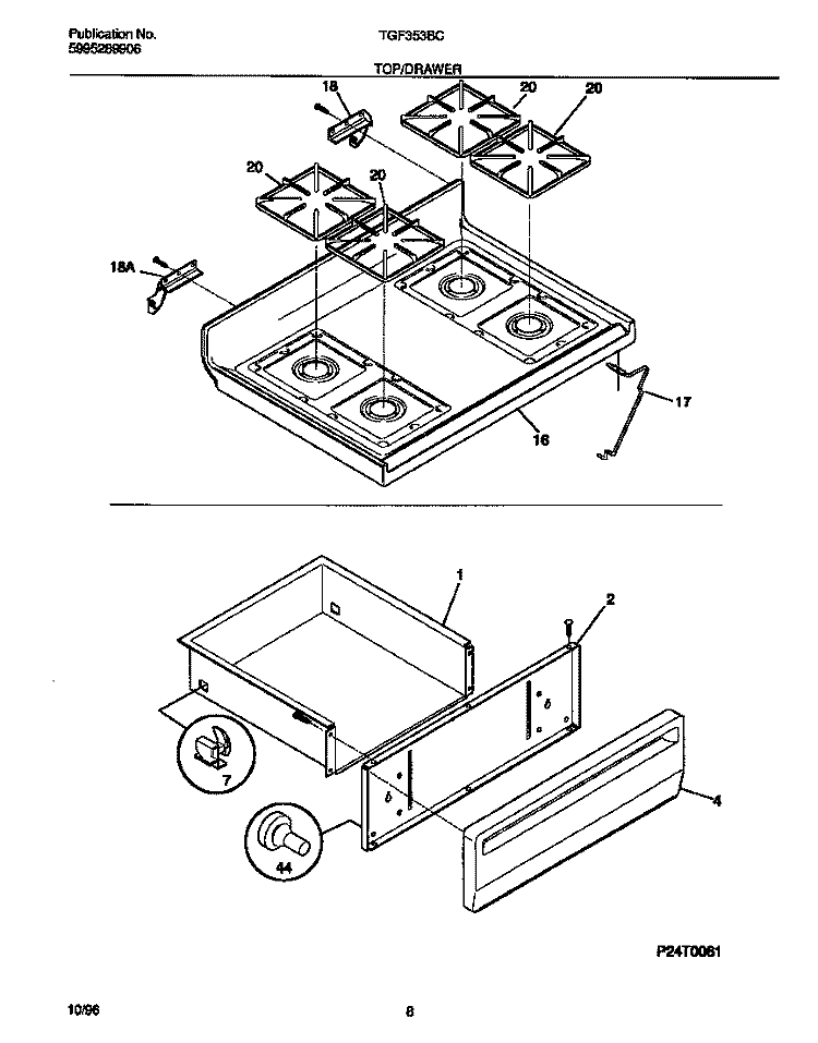 TOP / DRAWER Diagram and Parts List for TGF353BCWD  Tappan Range