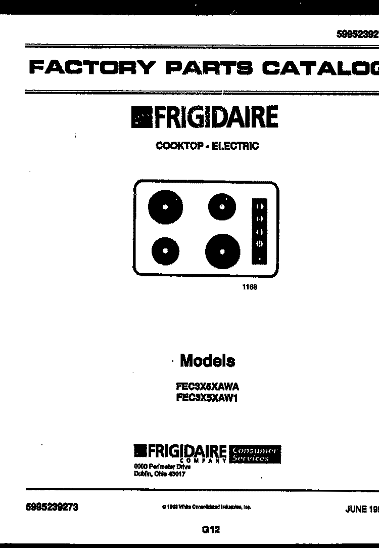 COVER Diagram and Parts List for FEC3X5XAW1  Frigidaire Cooktop