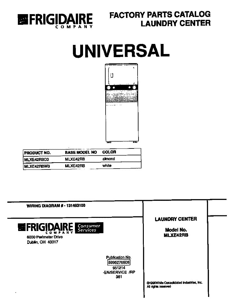 COVER Diagram and Parts List for MLXE42RBD3  Frigidaire Washer Dryer Combo