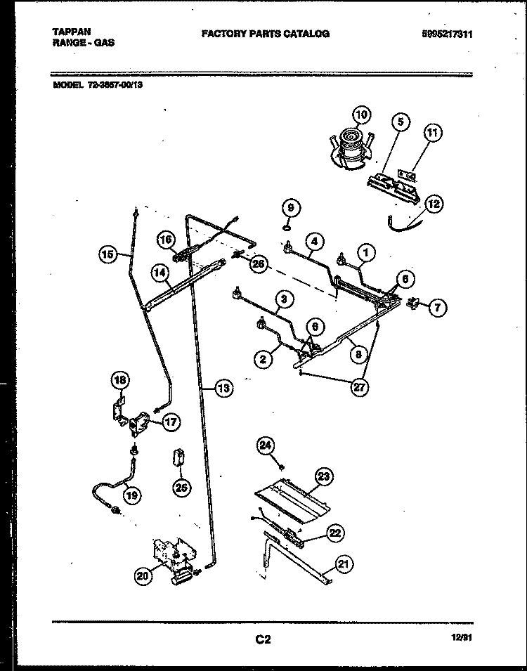 BURNER, MANIFOLD AND GAS CONTROL Diagram and Parts List for 72-3657-00-13  Tappan Range