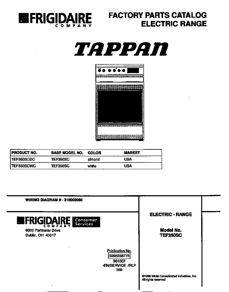 COVER Diagram and Parts List for TEF350SCDC  Tappan Range