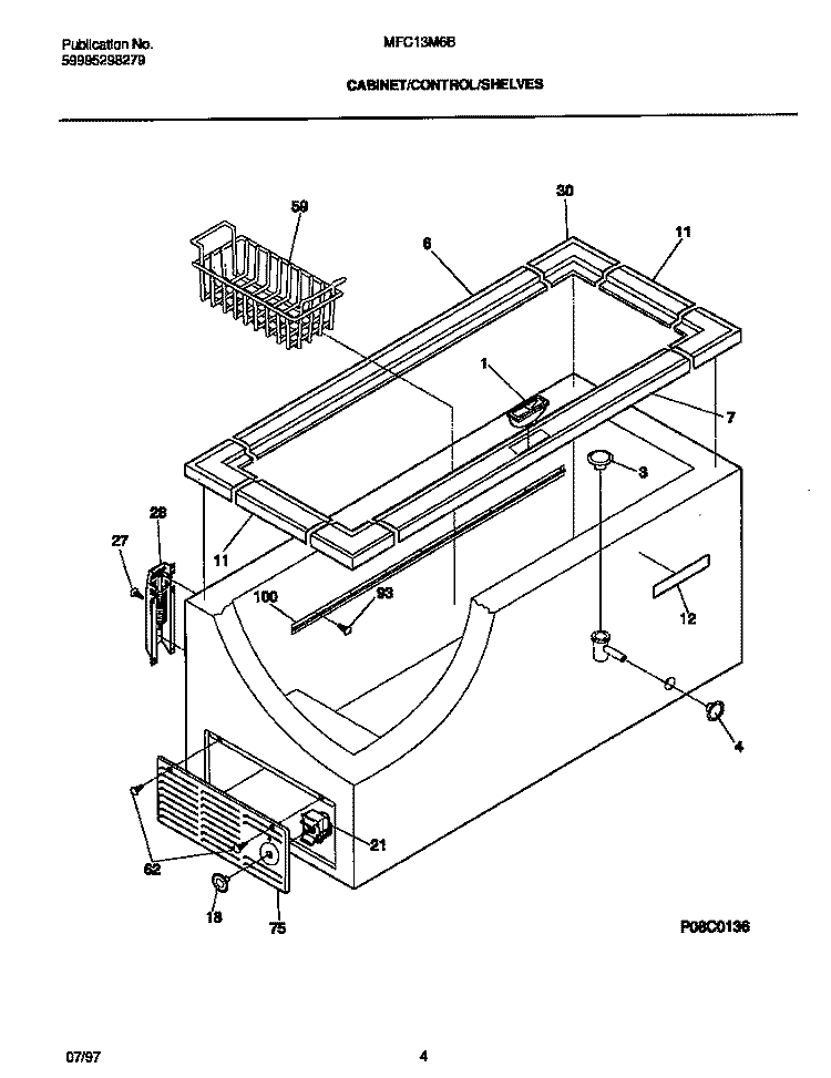 CABINET / CONTROL / SHELVES Diagram and Parts List for MFC13M6BW2  Frigidaire Freezer