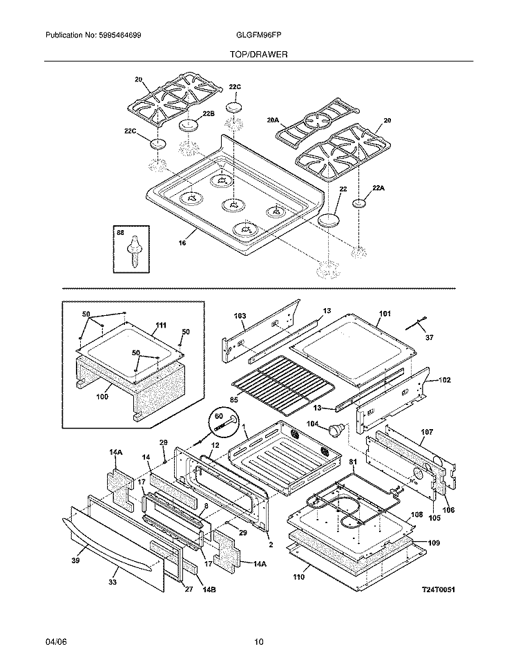 TOP / DRAWER Diagram and Parts List for GLGFM96FPWA  Frigidaire Range