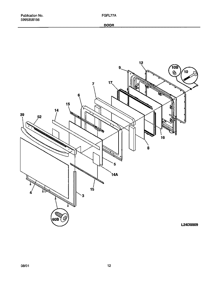 DOOR Diagram and Parts List for FGFL77ABB  Frigidaire Range
