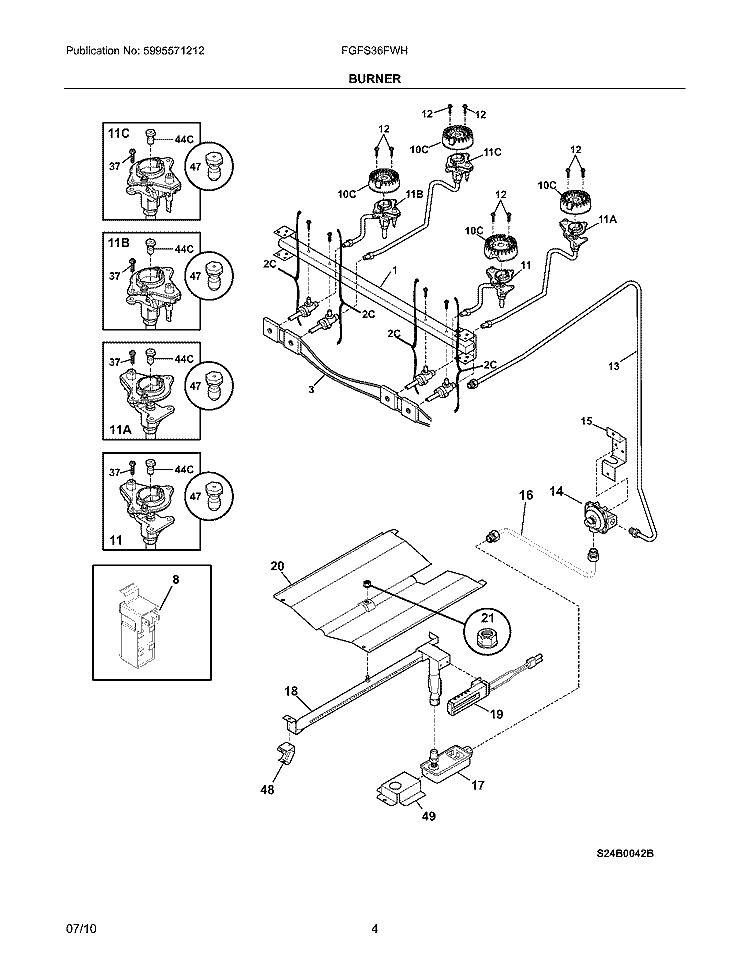 BURNER Diagram and Parts List for FGFS36FWH  Frigidaire Range