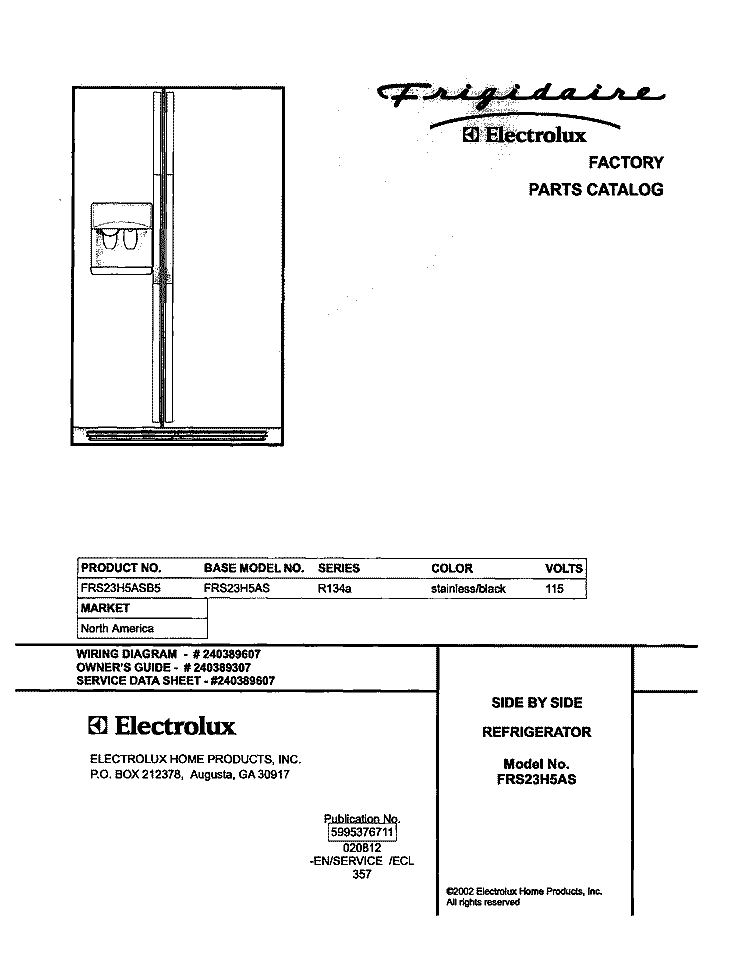 COVER Diagram and Parts List for FRS23H5ASB5  Frigidaire Refrigerator