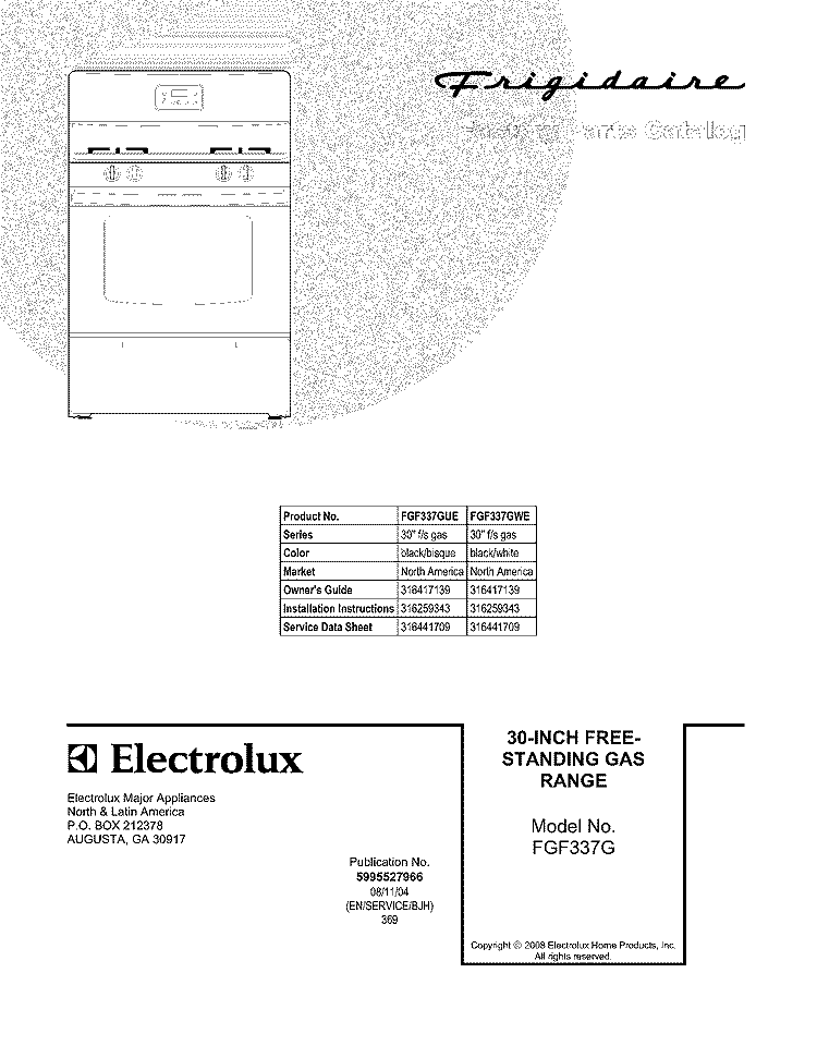 COVER Diagram and Parts List for FGF337GUE  Frigidaire Range