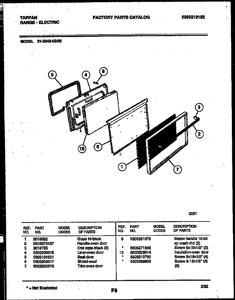 DOOR PARTS Diagram and Parts List for 31-2649-00-05  Tappan Range