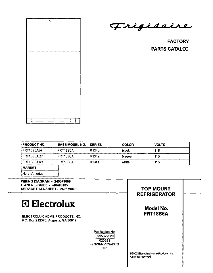 COVER Diagram and Parts List for FRT18S6AB7  Frigidaire Refrigerator