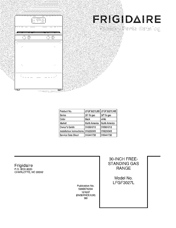 COVER Diagram and Parts List for LFGF3027LBB  Frigidaire Range