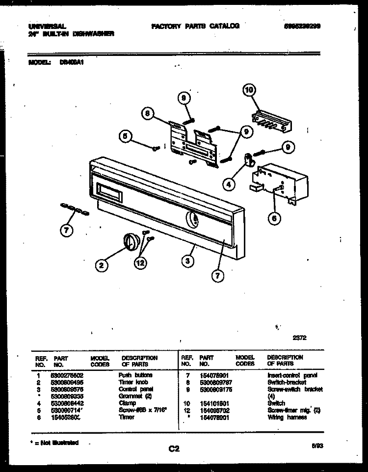 CONSOLE AND CONTROL PARTS Diagram and Parts List for DB400A1  Frigidaire Dishwasher