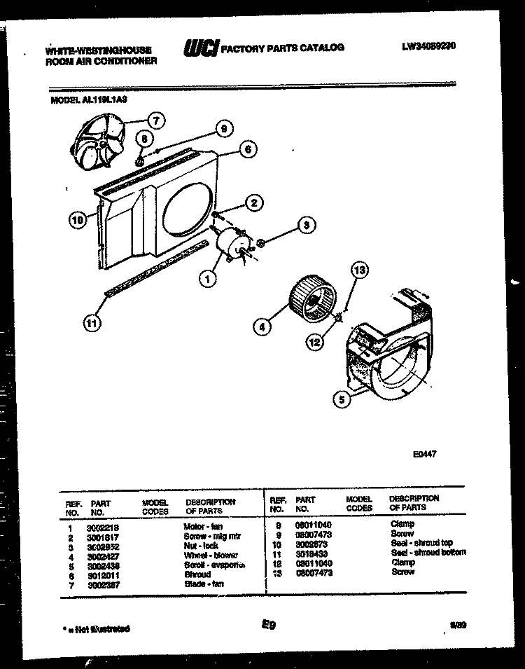 AIR HANDLING PARTS Diagram and Parts List for AL119L1A3  Frigidaire Air Conditioner