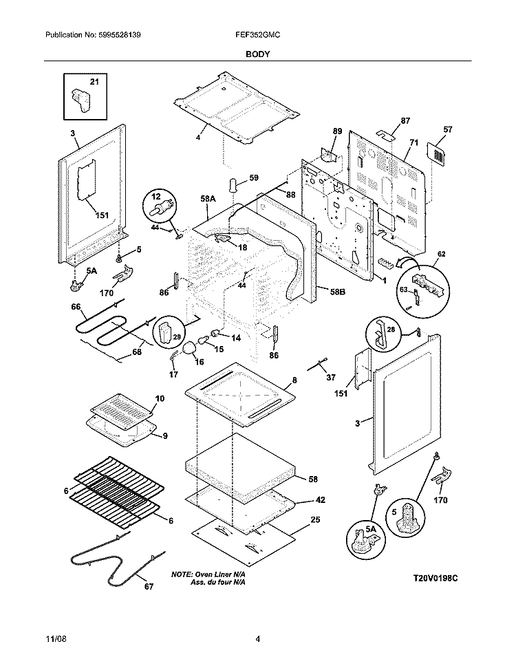BODY Diagram and Parts List for FEF352GMC  Frigidaire Range