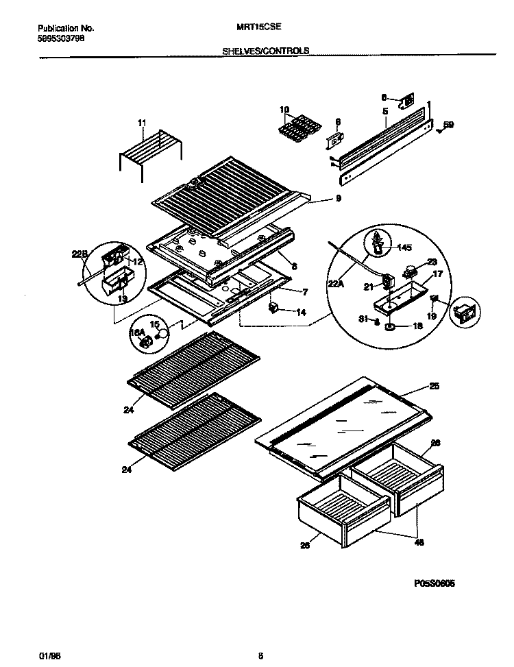 SHELVES / CONTROLS Diagram and Parts List for MRT15CSEY4  Frigidaire Refrigerator